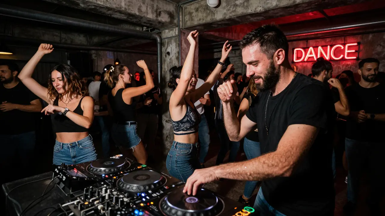 Crowd dancing in an industrial warehouse club under a flickering neon sign.
