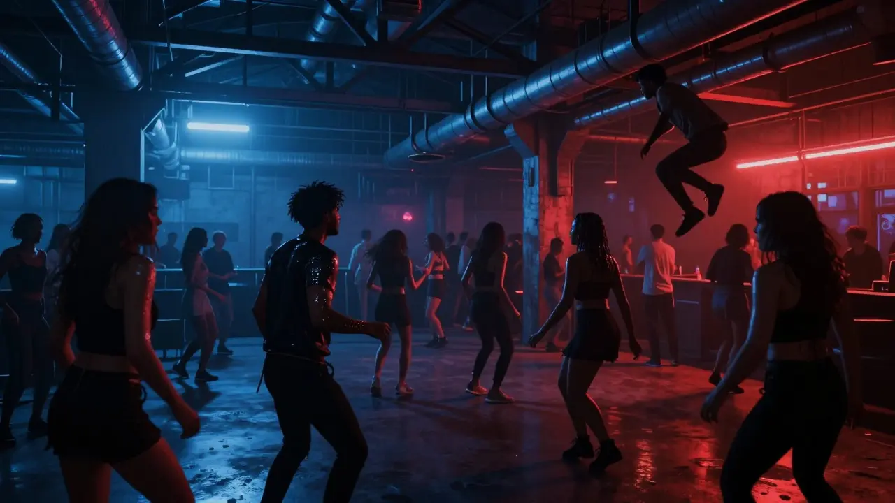 Dancers in an industrial warehouse club under pulsing strobe lights at 3 a.m.