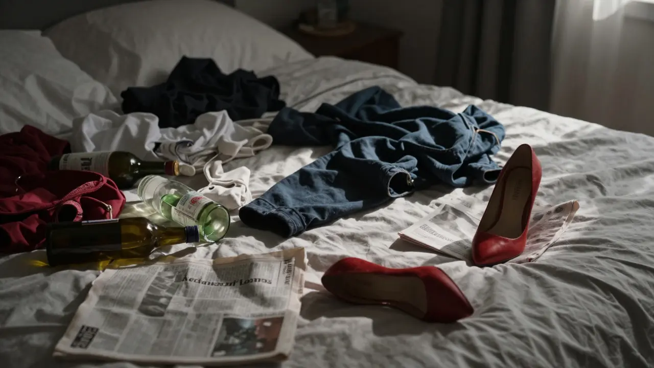 Disheveled bed surrounded by personal items in dimly lit room.
