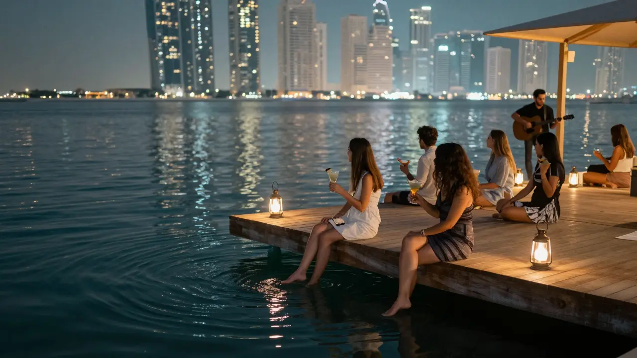 Guests stand barefoot on a water platform at night, sipping cocktails as city lights shimmer on the marina below.