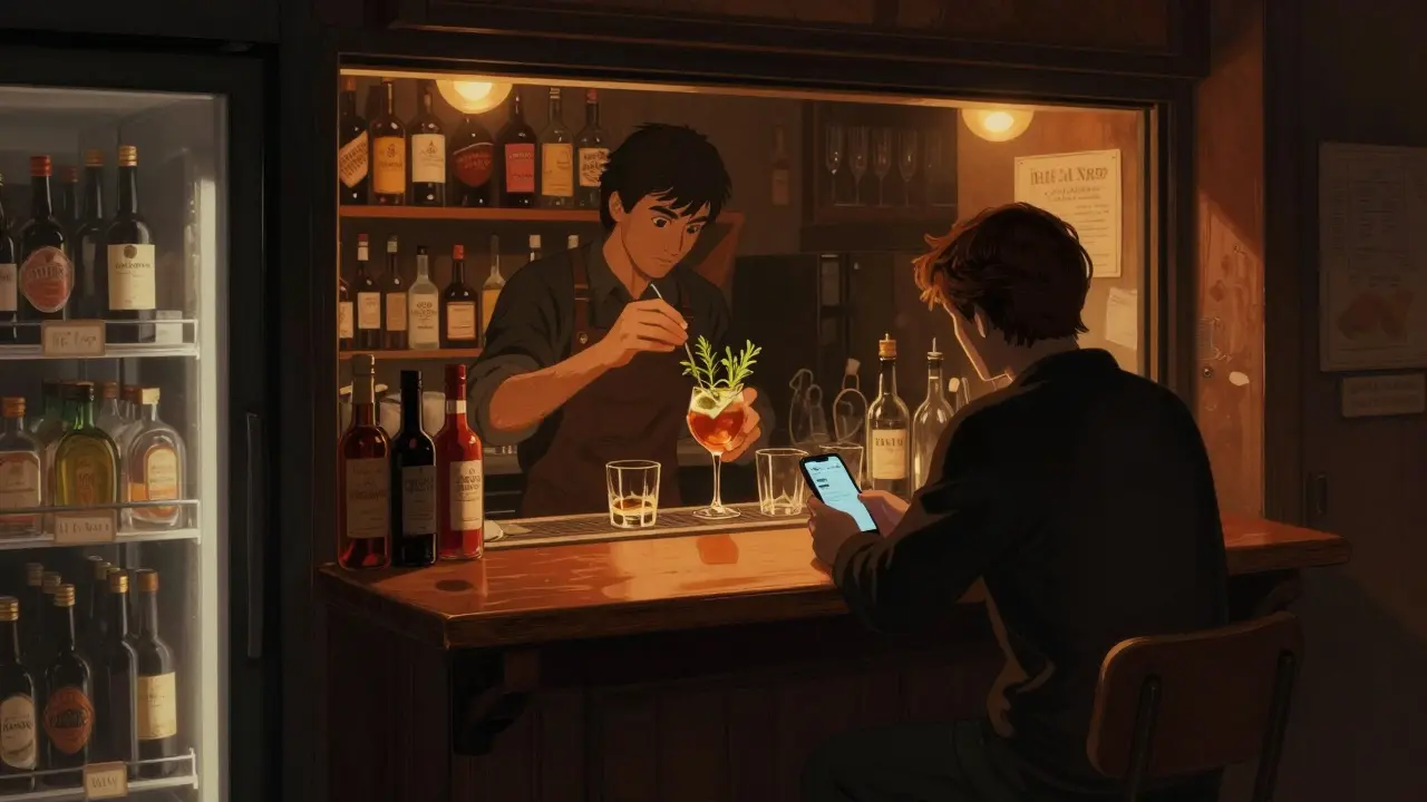 Hidden cocktail bar behind a fridge door, bartender crafting a drink with warm ambient lighting.