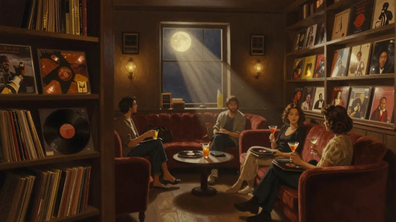 Hidden nightclub behind a bookshelf, lit by warm amber light, with vinyl records and intimate seating.