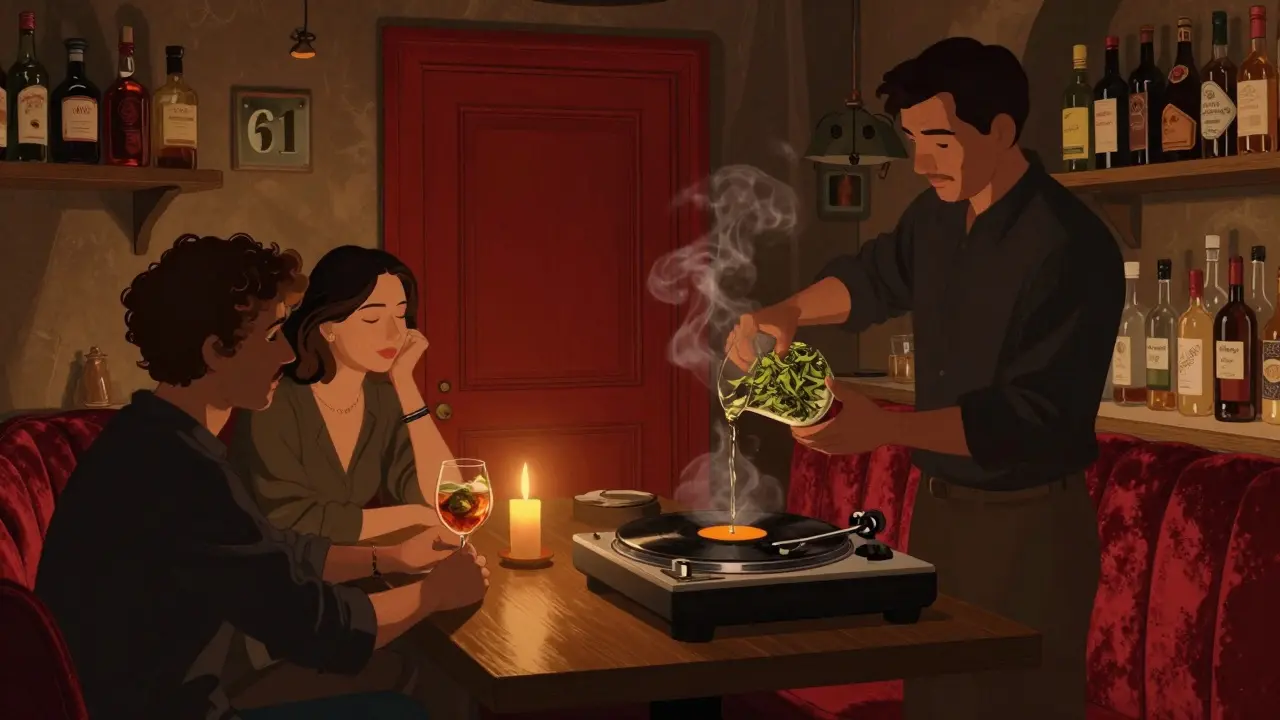 Inside Bar 61, a bartender mixes a herbal cocktail in a dim, intimate space lit by candlelight and vintage records.