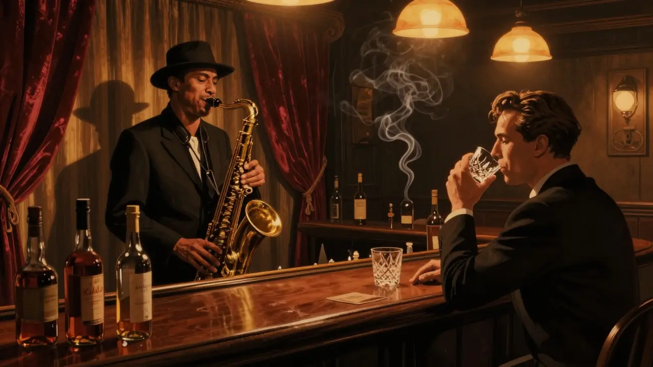 Intimate jazz club interior with a saxophonist playing under warm, dim lighting.