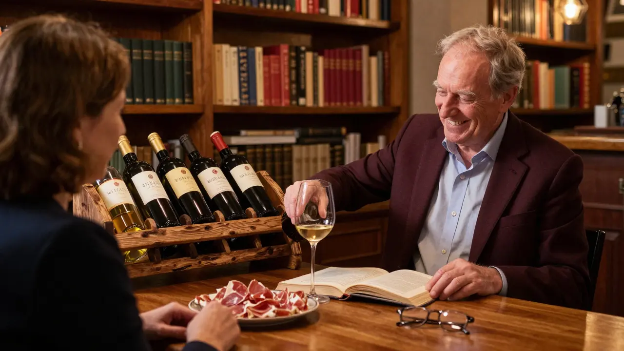 Intimate wine bar Wine &amp; Co with books, bottles, and a regular being served.