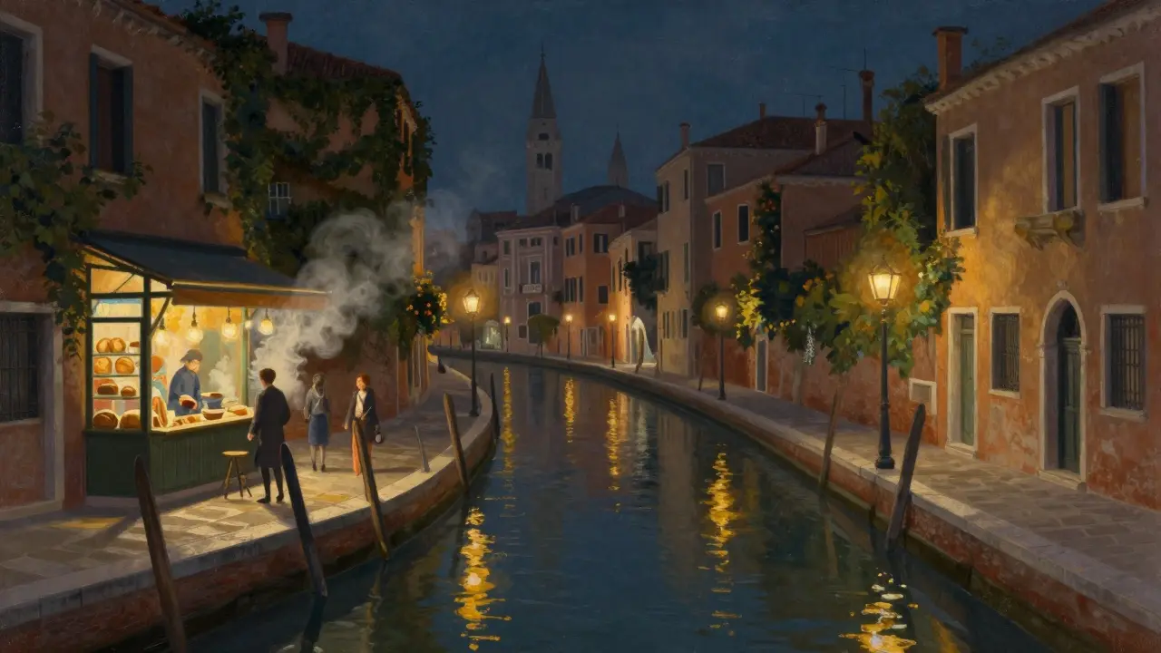 Lantern-lit canals of Navigli at midnight, couple walking past a cozy trattoria.