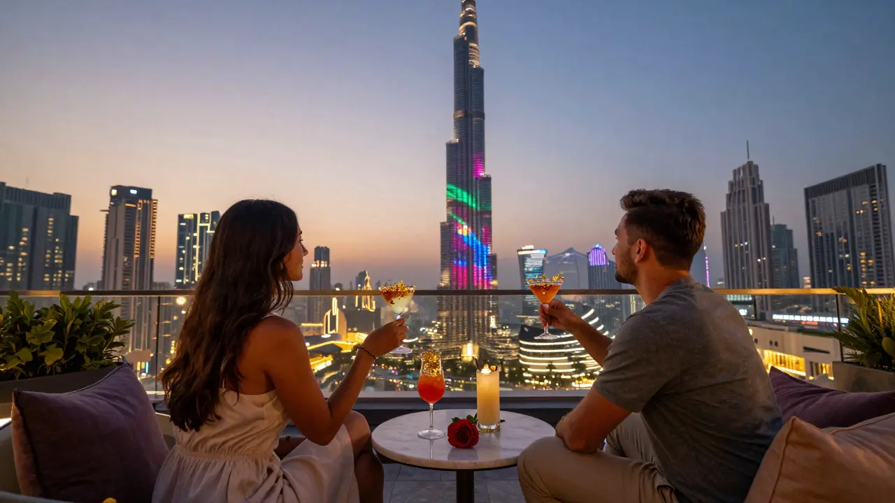 Romantic rooftop moment at Levitation with Burj Khalifa light show and golden cocktails.