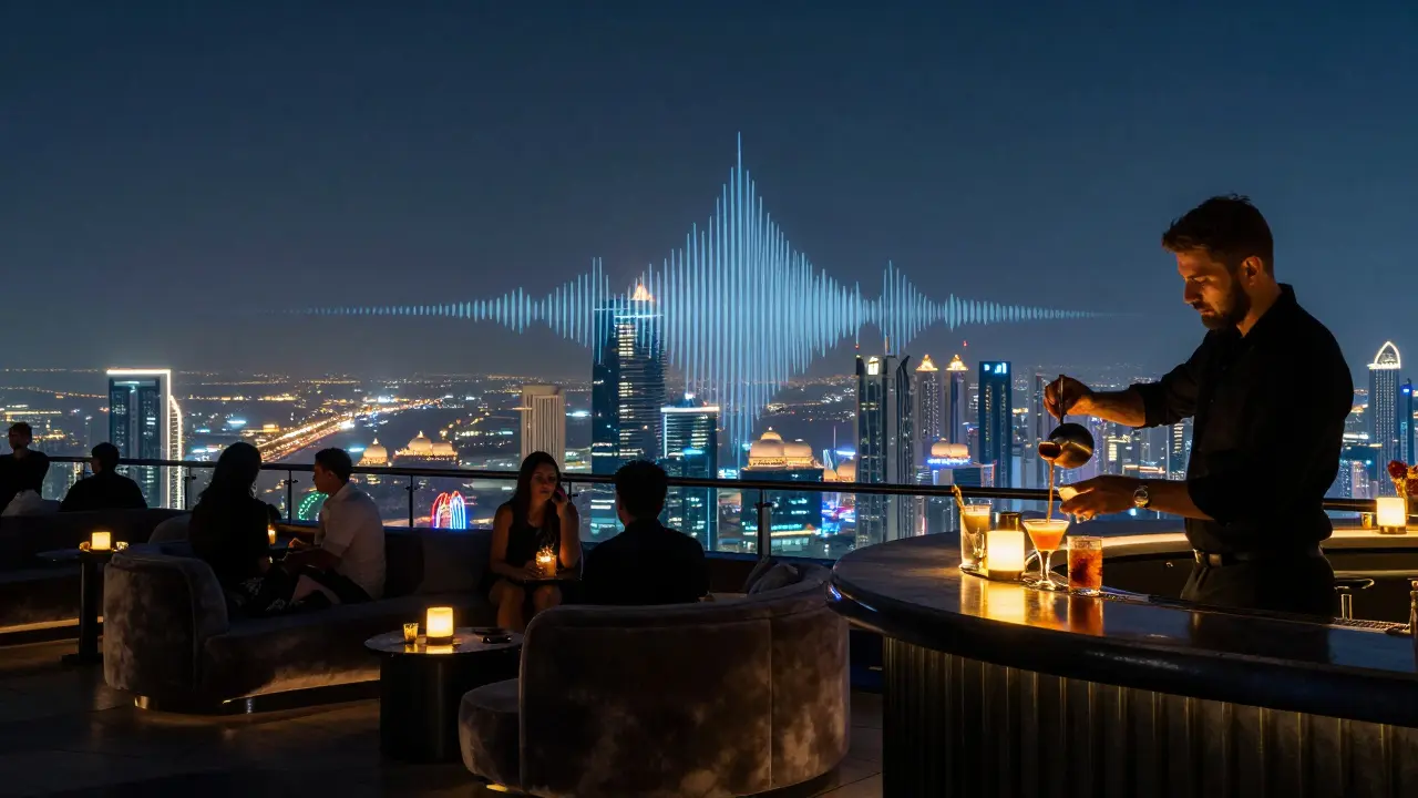 Rooftop bar high above Abu Dhabi city, guests lounging as skyline glows below with crafted cocktails in hand.