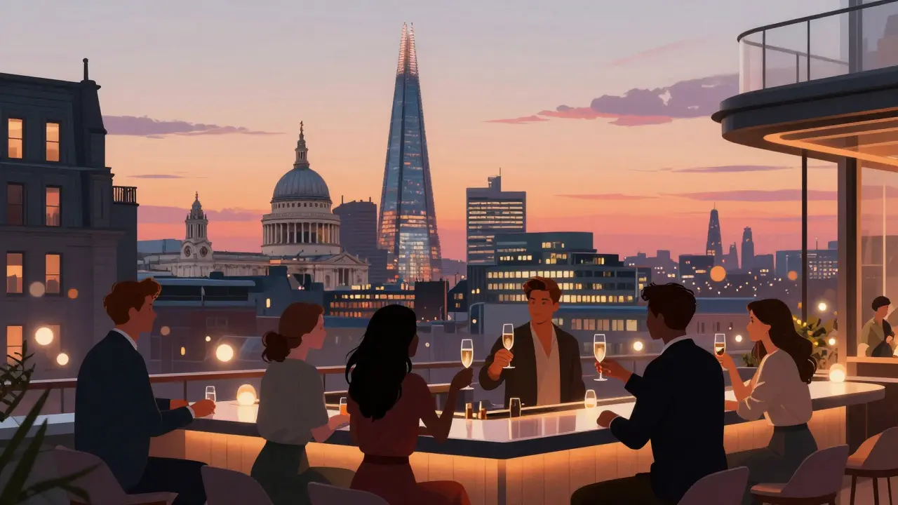 Rooftop bar with London skyline view at sunset, people clinking champagne glasses.