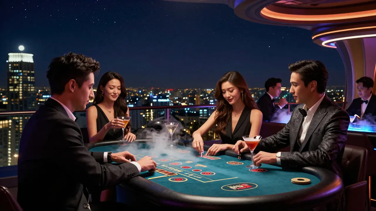 Rooftop casino at night with glowing tables, skyline views, and guests enjoying cocktails under stars.