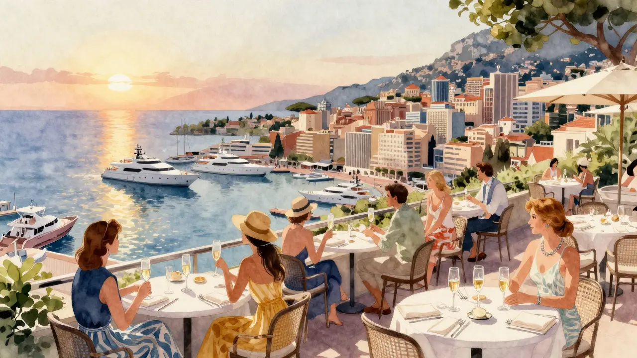 Rooftop lounge with Mediterranean harbor view and luxury yachts.