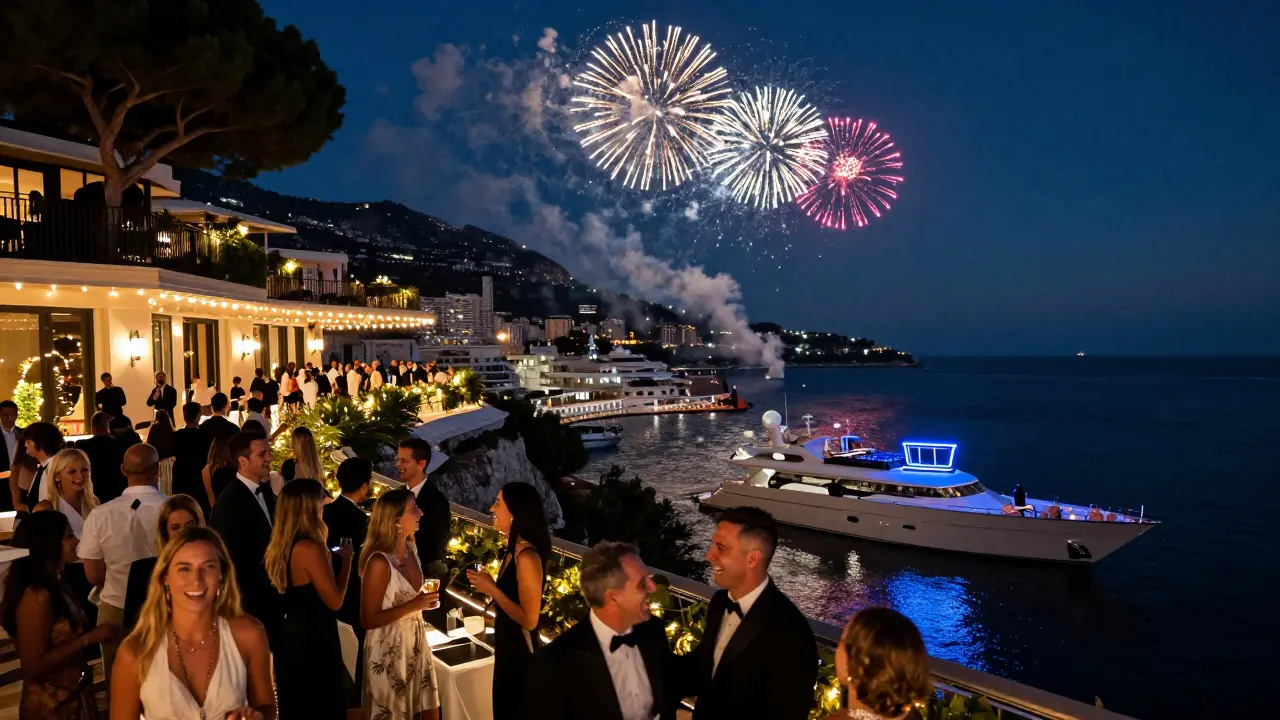 Rooftop party during Monaco Grand Prix with yachts and city lights under a starry sky.