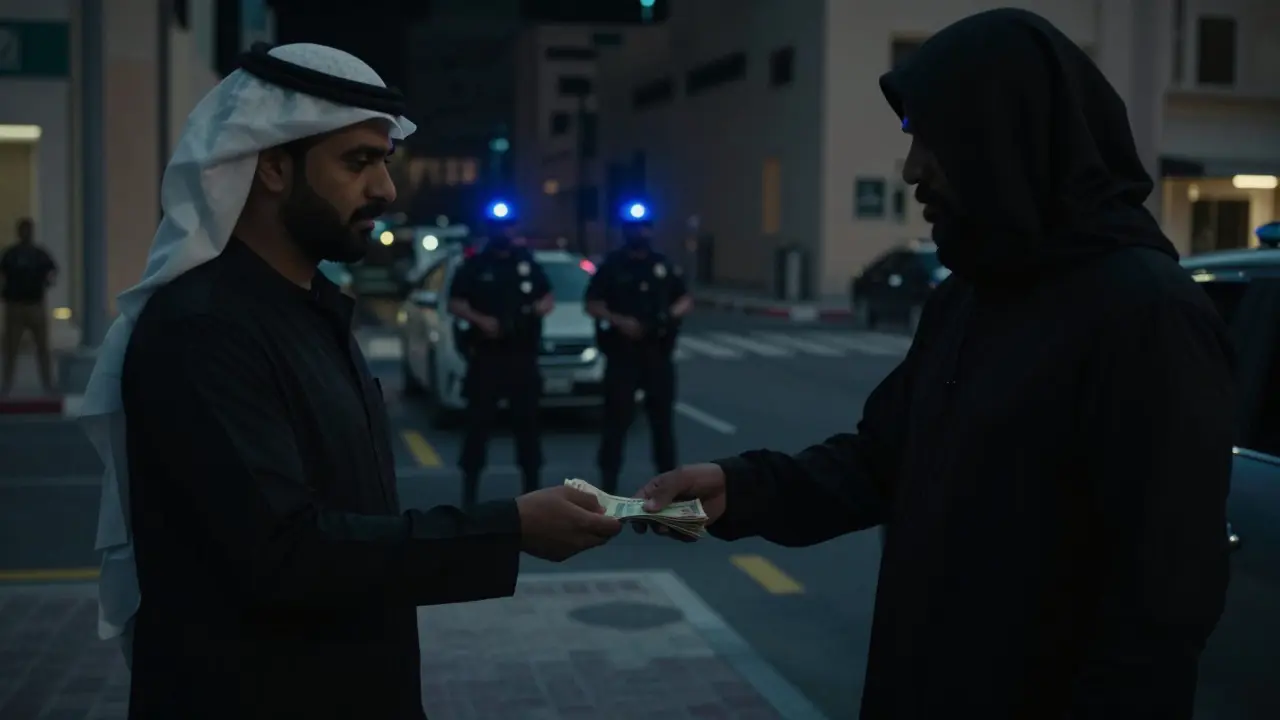 Shadowy figure handing cash to traveler in Dubai street with police sirens