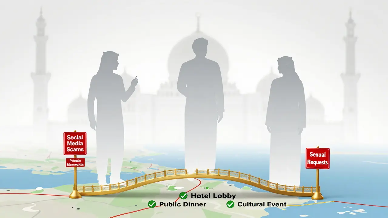 Symbolic image showing safe and dangerous paths for companionship in Abu Dhabi, with cultural landmarks and warning signs.