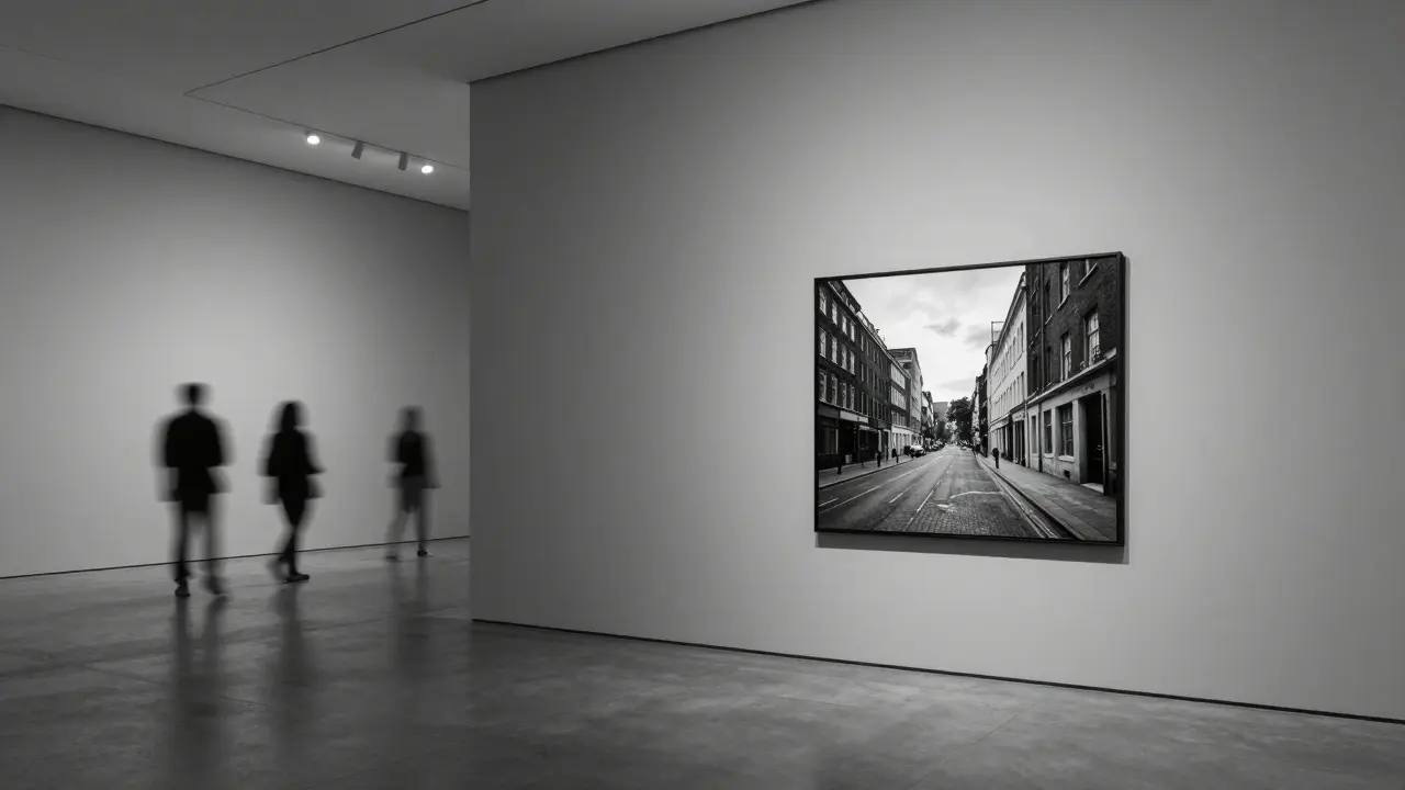 Tate Modern gallery displaying black-and-white photograph of London street at twilight.