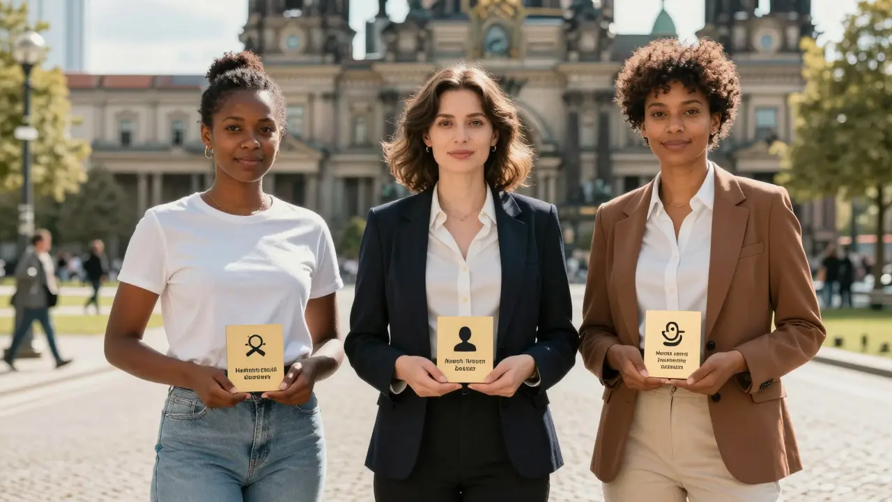 Three confident escorts in a Berlin courtyard, each holding symbols of health, screening, and well-being.