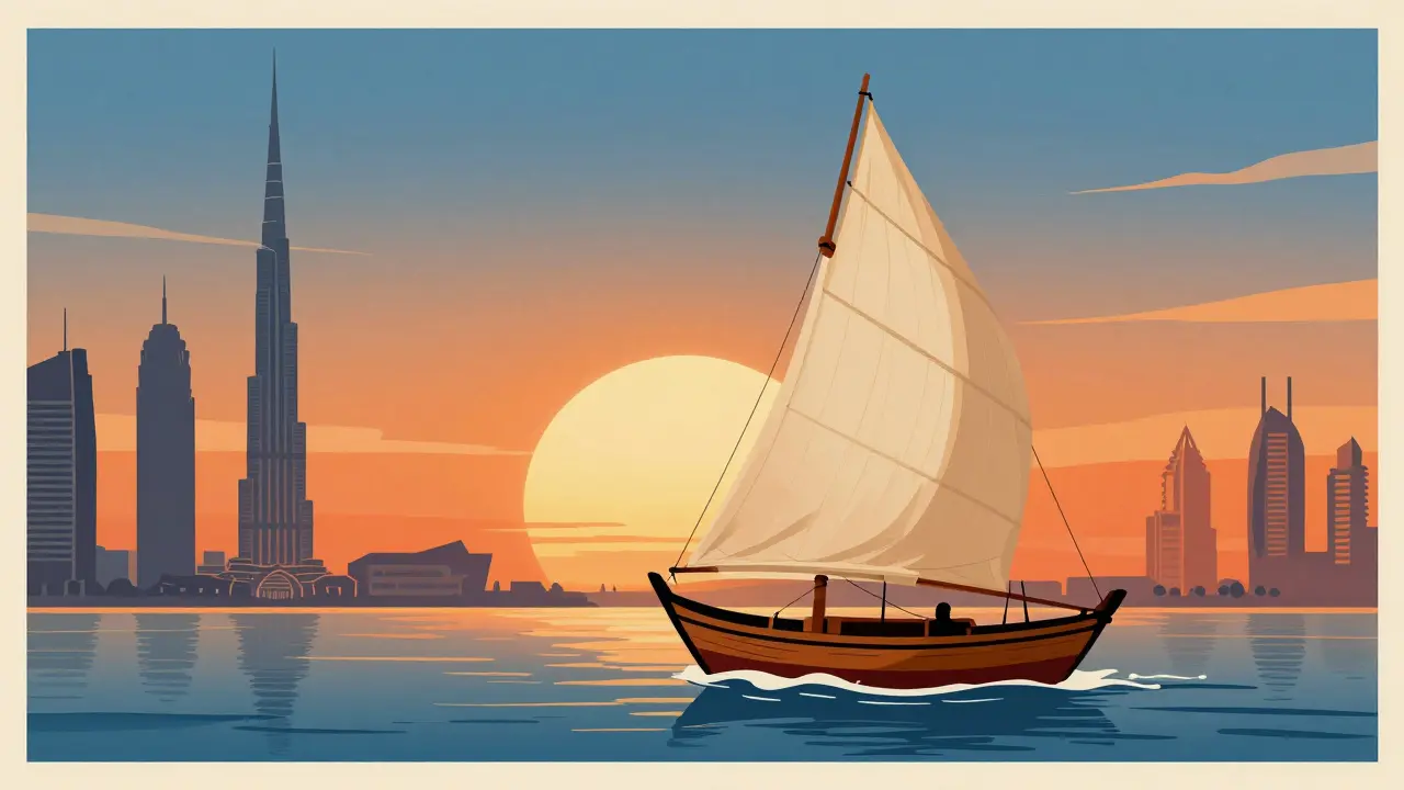Traditional dhow boat sailing Dubai Creek at sunset with Burj Khalifa