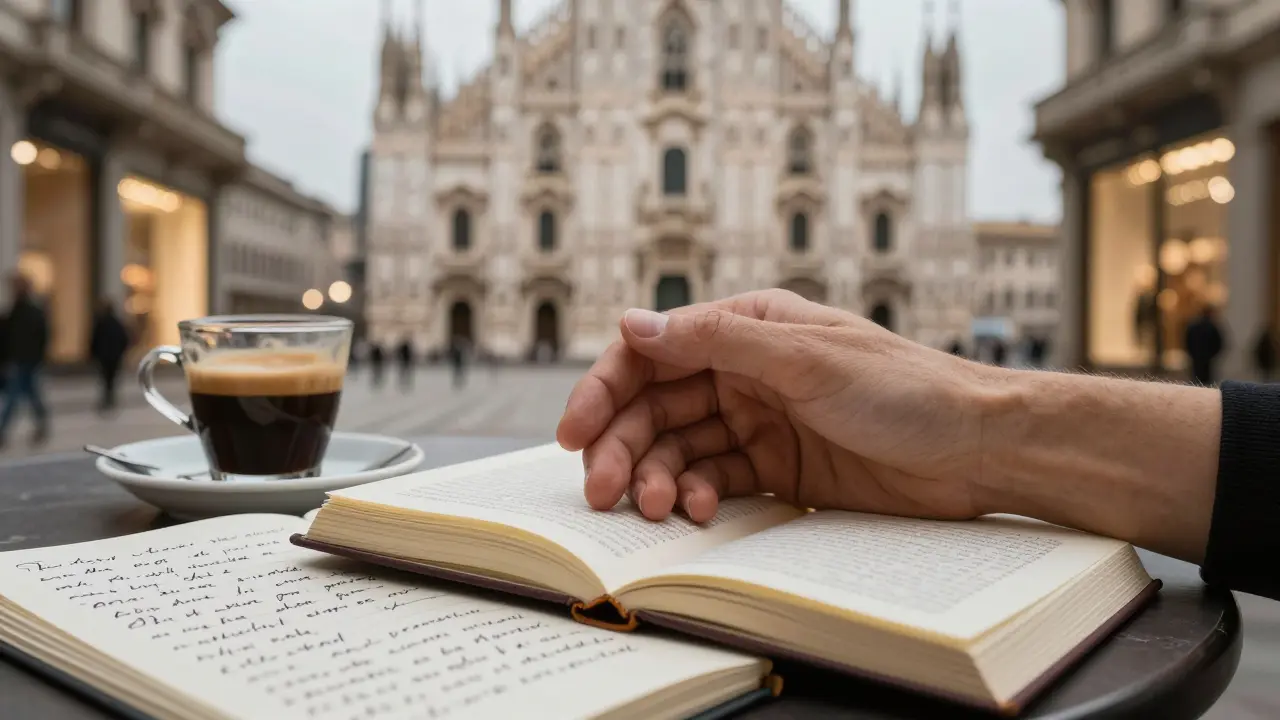 Two hands clasped over a book and espresso, symbolizing thoughtful connection in Milan.