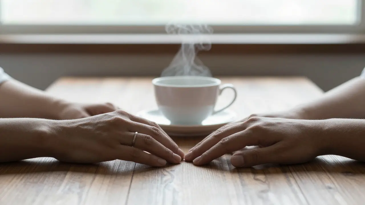 Two hands on a table beside a teacup, one wearing a wedding ring, conveying quiet emotional connection.
