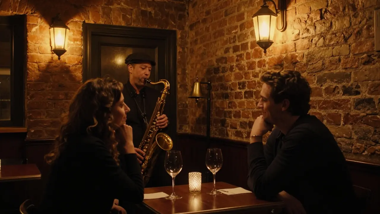 Two people enjoy a quiet moment in a hidden jazz bar with soft lighting and live music.