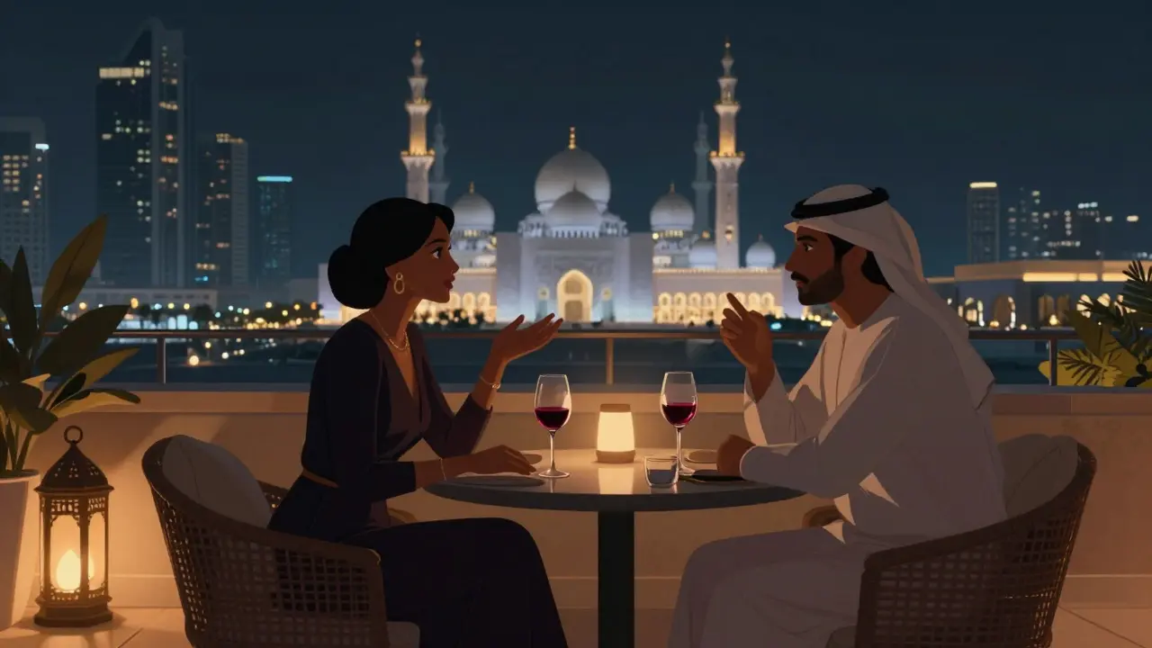 Two people having a quiet, respectful conversation on a rooftop terrace in Abu Dhabi with the Grand Mosque in the distance.