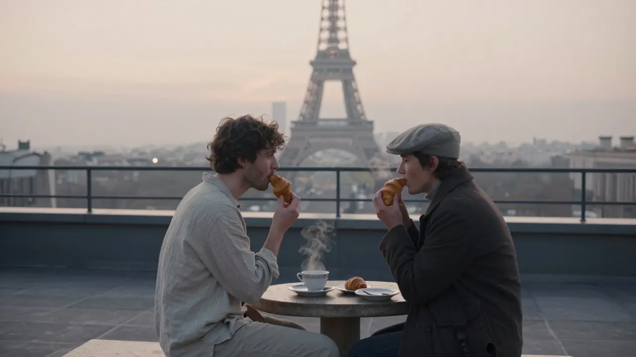 Two people on a rooftop at dawn, sharing a croissant with the Eiffel Tower in the distance.