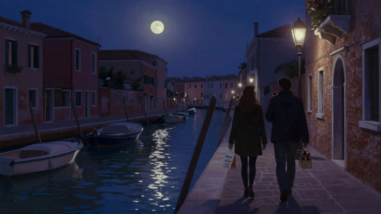Two people share a chocolate truffle while strolling along Naviglio Grande canal at midnight under moonlight.