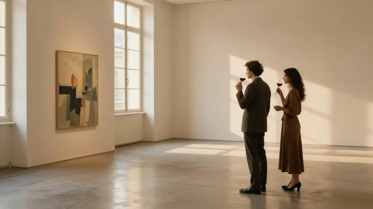 Two people silently appreciating art in a private Paris gallery, bathed in golden hour light.