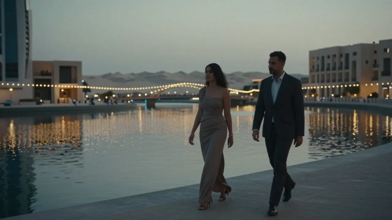 Two people walking peacefully along the Dubai Water Canal at dusk, illuminated by soft lights and water reflections.