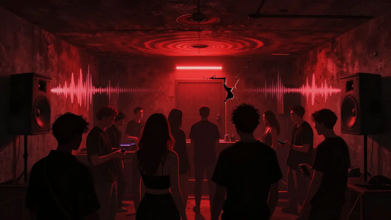 Underground club Barbaros with red lighting, concrete walls, and immersed crowd dancing to deep house.