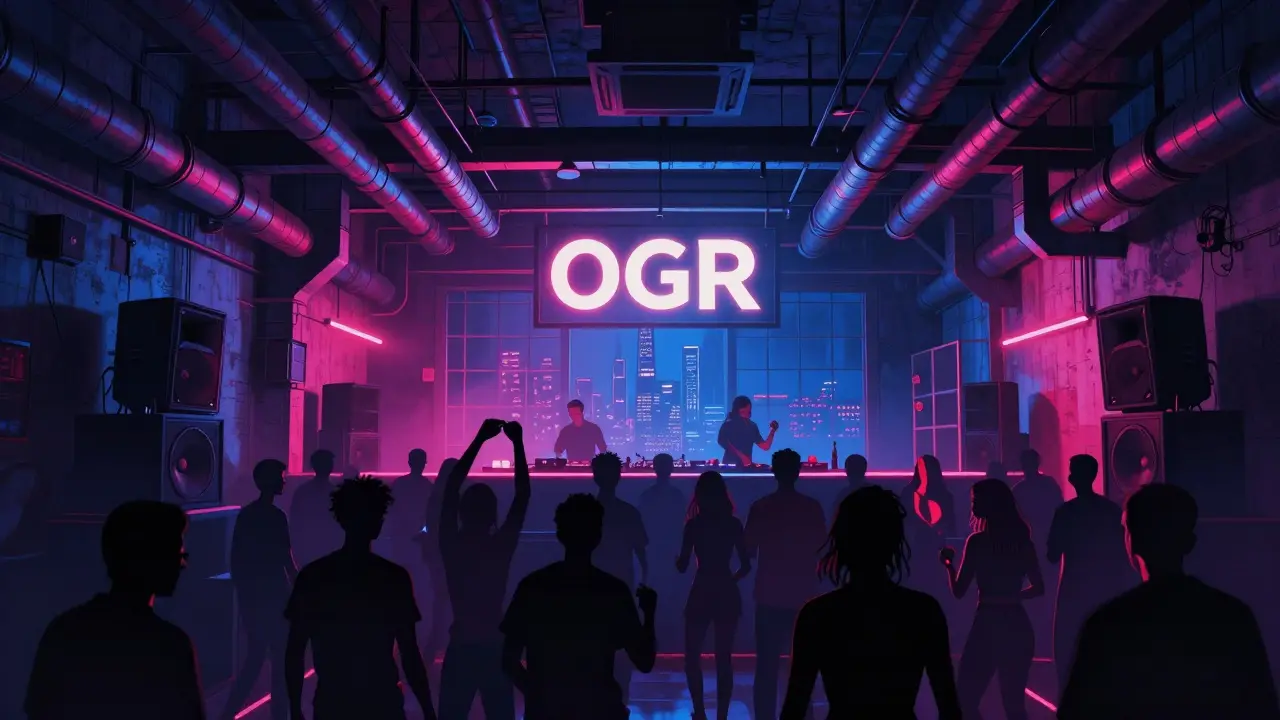 Underground club in a converted train repair shop with pulsing lights and a diverse crowd dancing to live music.