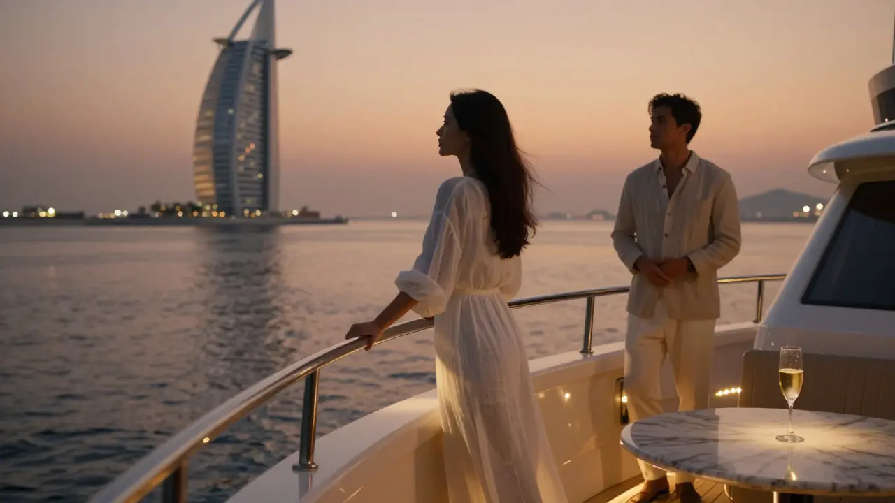 A couple on a private yacht at dusk, separated by space and silence, overlooking Dubai's coastline.