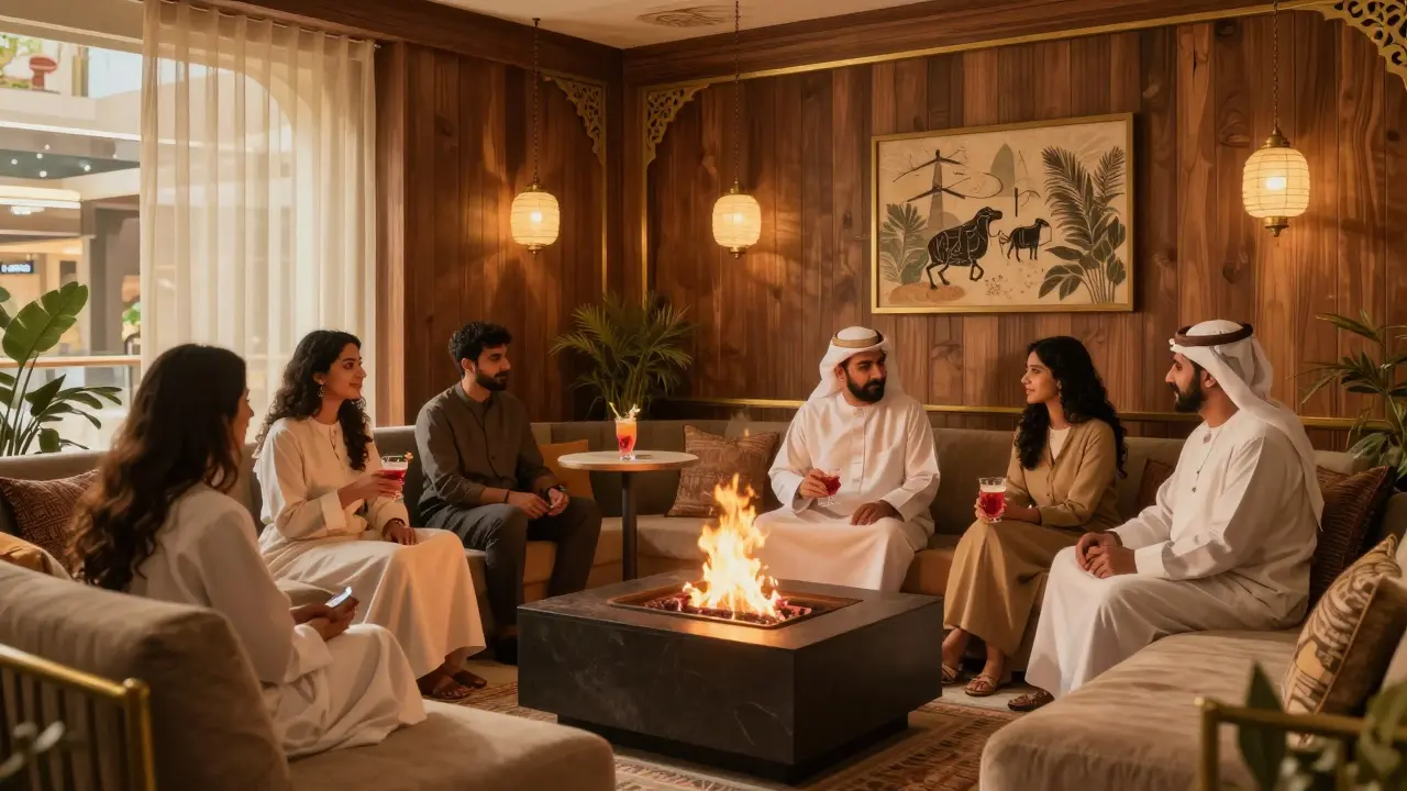 A cozy Arabian-style lounge with fire pits, wood interiors, and people chatting softly over drinks.