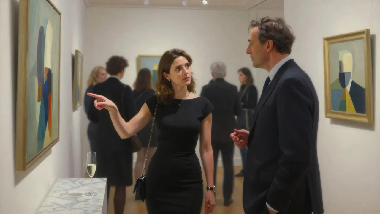 A cultured companion and client discussing art at a private gallery opening in Mayfair.