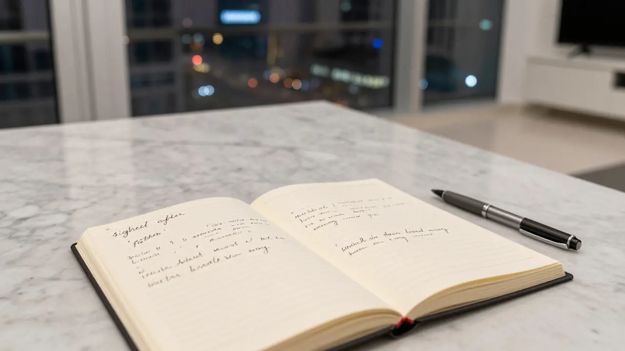 A handwritten journal with emotional notes on a marble surface, pen beside it, Dubai city lights visible through a window.