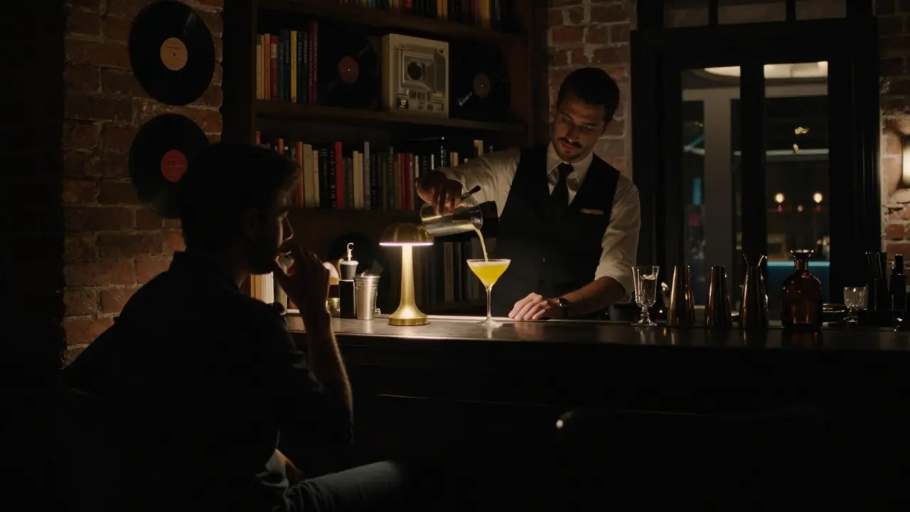 A hidden bar behind a bookshelf, a bartender pouring a drink under a single lamp in dim, mysterious light.
