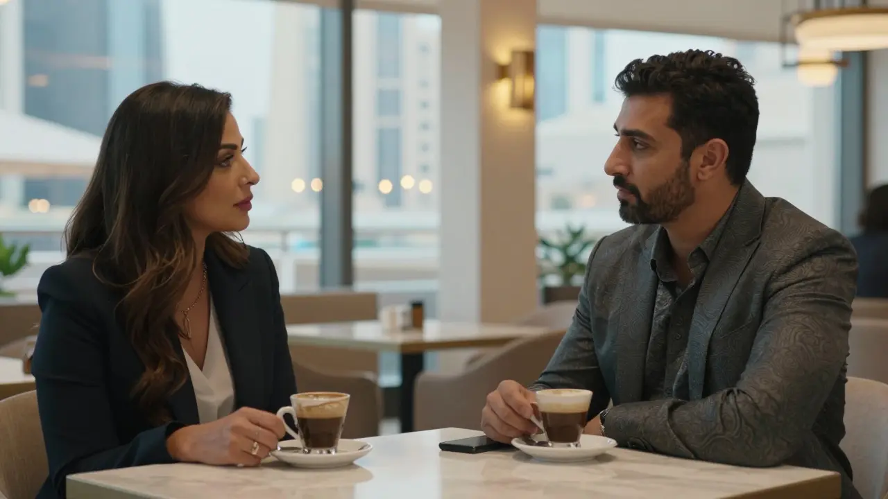 A man and woman having a calm, respectful conversation in a high-end Abu Dhabi café.