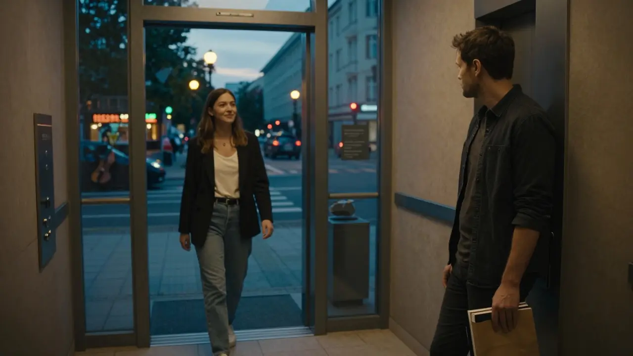 A man waits in a Berlin apartment lobby as a professional companion approaches, both dressed casually, city lights glowing behind them.