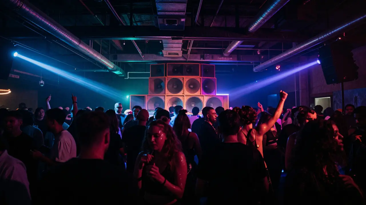 A massive underground rave with hundreds dancing in darkness under towering industrial ceilings.