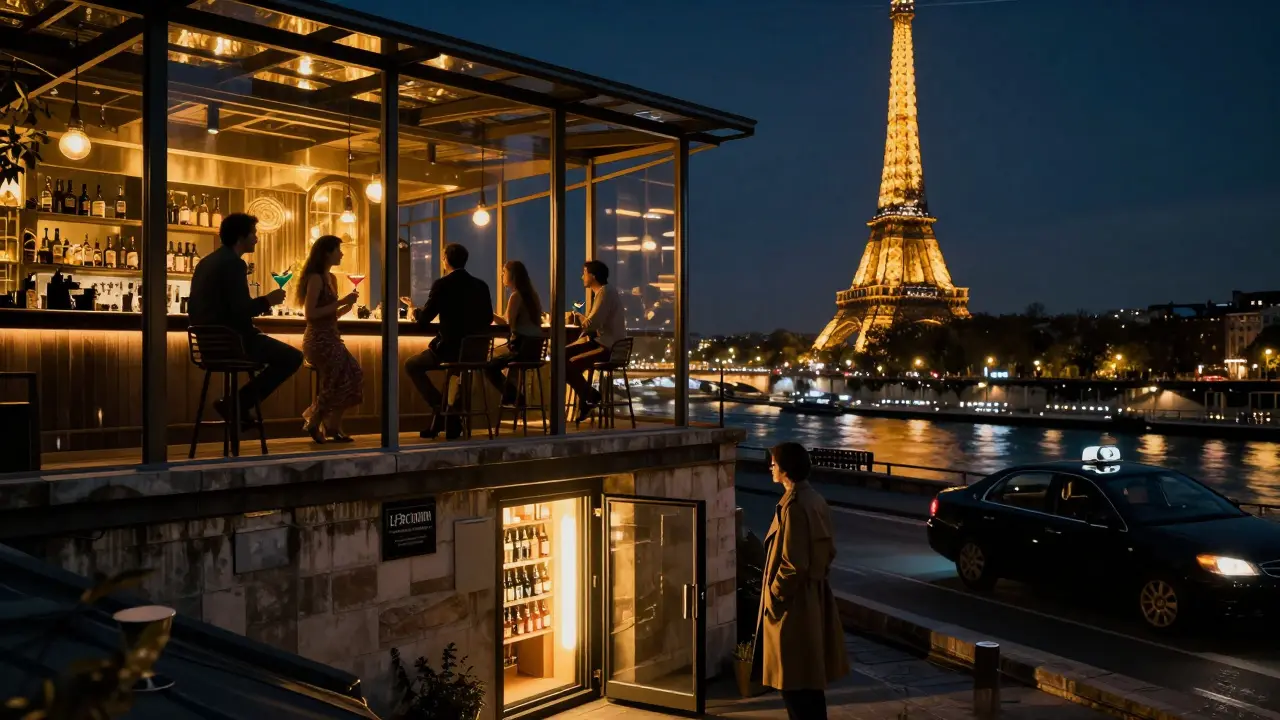 A modern rooftop bar in Paris with golden lights over the Seine, the Eiffel Tower glowing in the distance, and a hidden speakeasy entrance below.