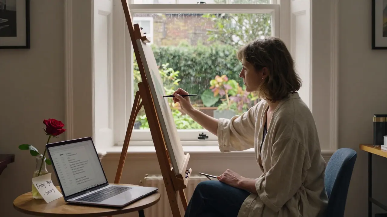 A professional companion painting in her sunlit studio, with encrypted messages and a rose on the table.