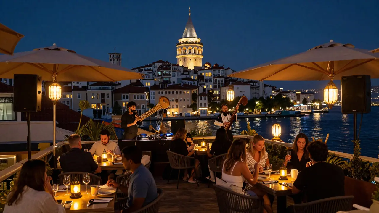 A rooftop bar at midnight where a ney player and DJ coexist, patrons from around the world share the view of the Golden Horn under warm lights.
