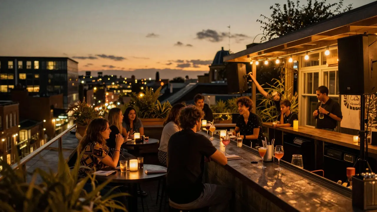A rooftop bar at night with patrons enjoying cocktails as city lights shimmer in the background.
