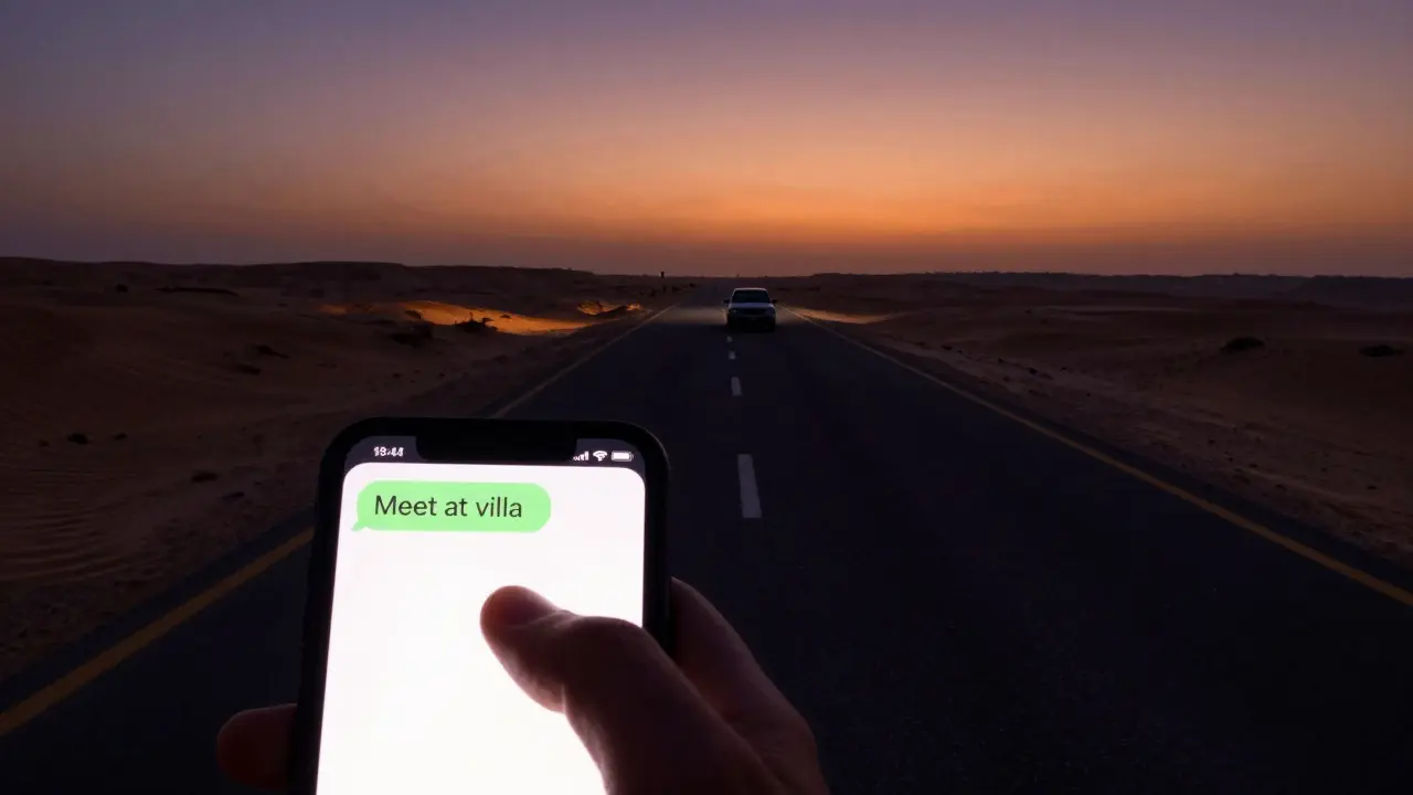 A smartphone displaying a suspicious meeting request on a deserted desert road at dusk.