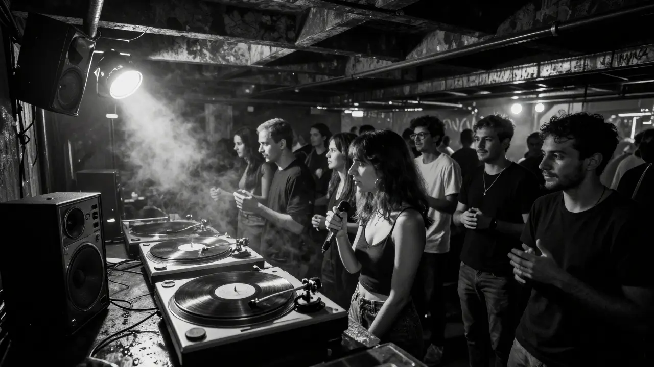 A smoky underground club where music lovers gather around a spinning vinyl record in near-darkness.