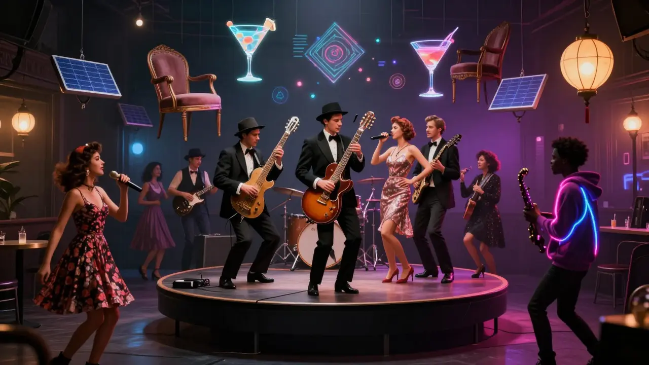 A surreal blend of 1940s jazz and 2020s techno scenes, with holographic cocktails and solar lanterns floating above dancing crowds in mixed eras.