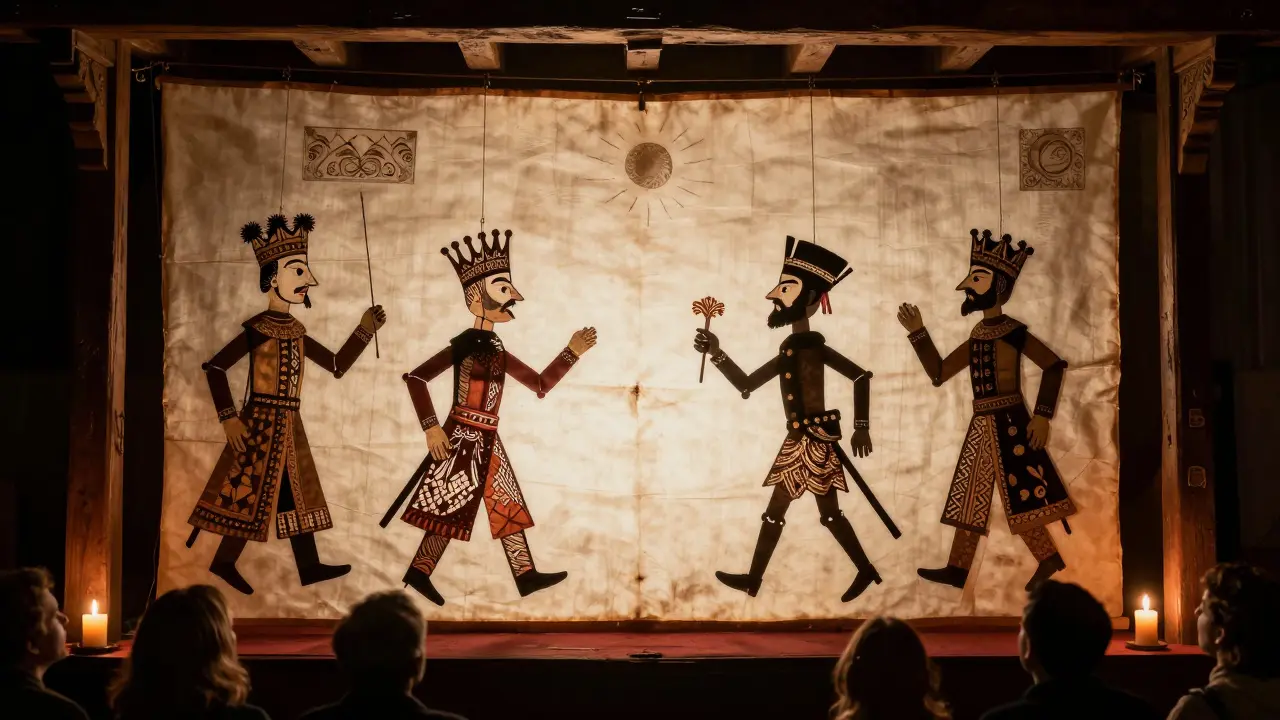 A traditional Turkish shadow theater performance with leather puppets casting dramatic silhouettes on a screen, watched by a quiet audience in candlelight.