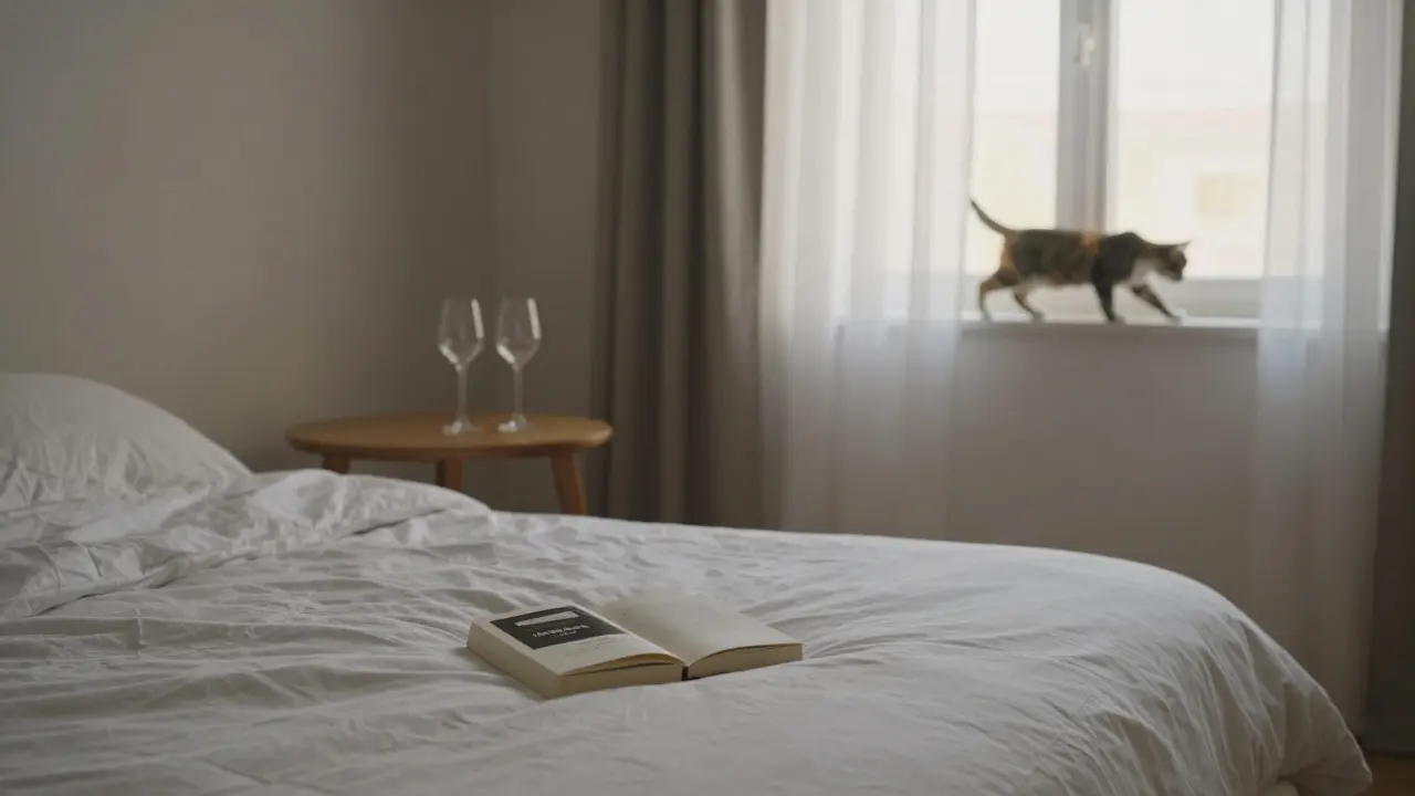 An empty hotel room at dawn, with two wine glasses and an open book — a quiet testament to a meaningful, non-sexual encounter.