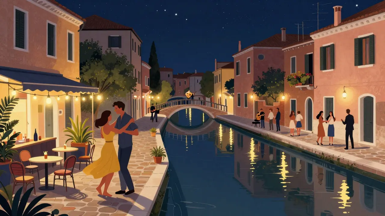 Couples dancing barefoot by Navigli’s canal at midnight, surrounded by string lights and acoustic music.