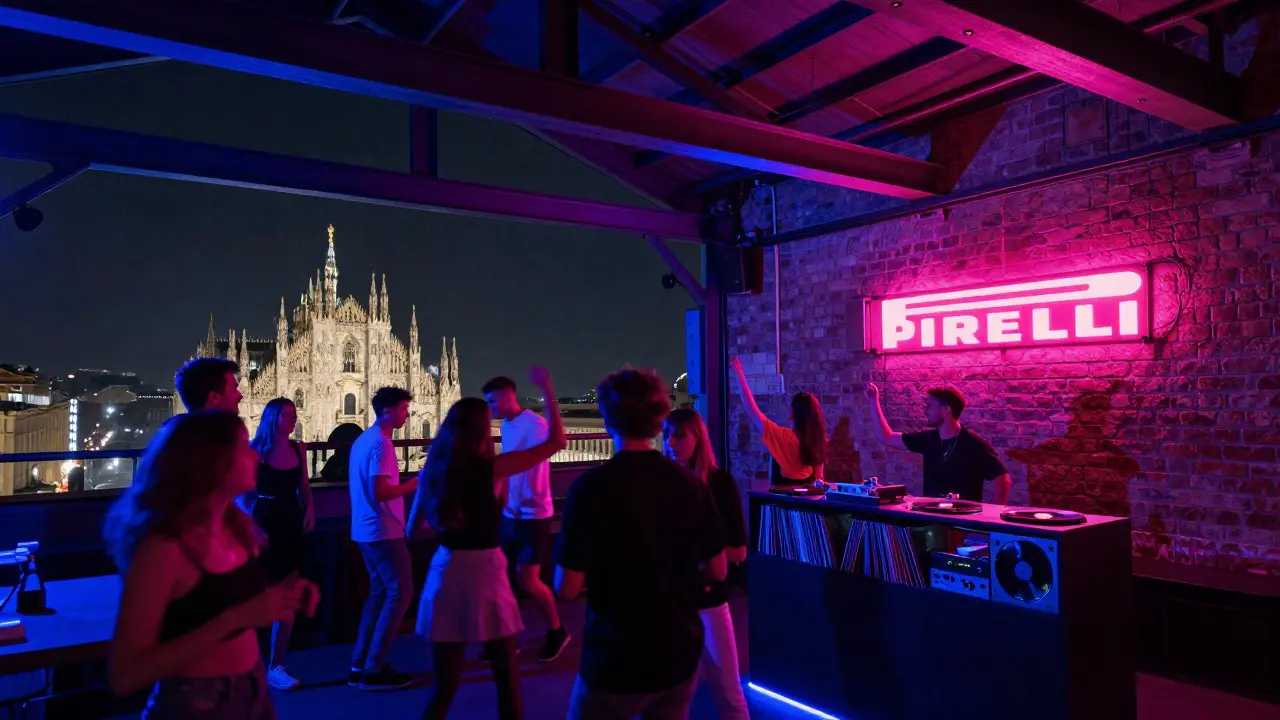 Dancers on a rooftop club terrace with Milan's Duomo glowing in the night skyline.